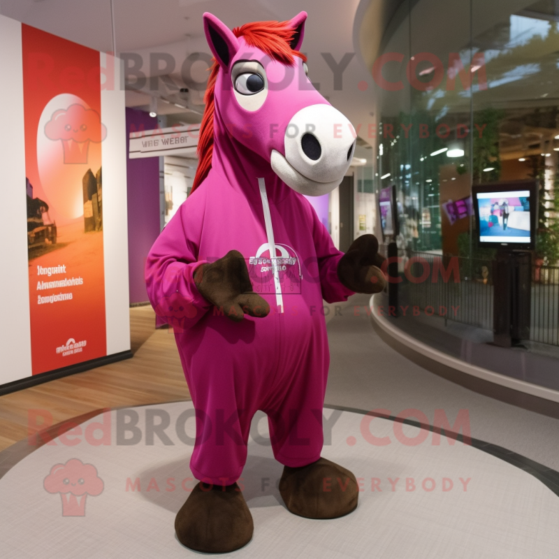 Magenta Horse mascot costume character dressed with a Parka and Shawl pins