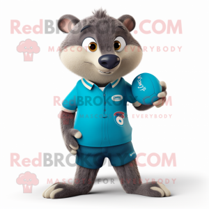 Cyan Mongoose mascot costume character dressed with a Rugby Shirt and Pocket squares