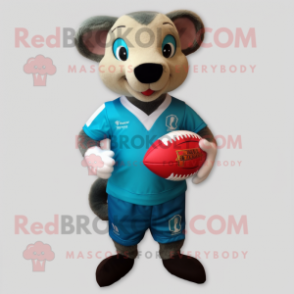 Cyan Mongoose mascot costume character dressed with a Rugby Shirt and Pocket squares