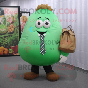 Green Potato mascot costume character dressed with a Suit and Tote bags