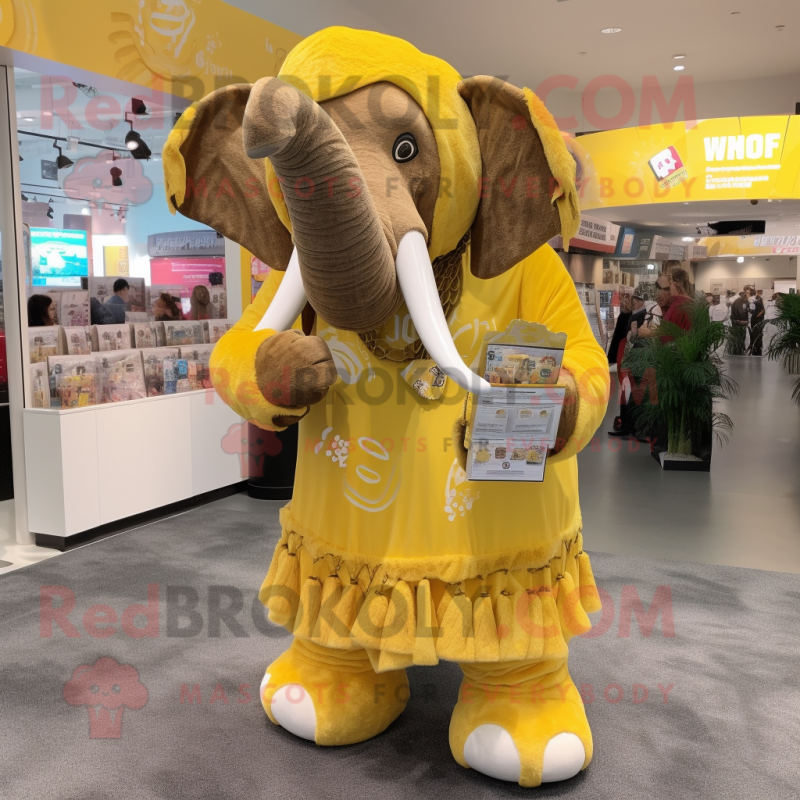 Yellow Mammoth mascot costume character dressed with a A-Line Dress and Coin purses