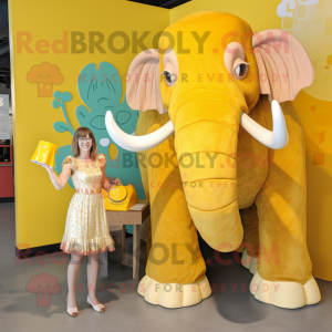 Yellow Mammoth mascot costume character dressed with a A-Line Dress and Coin purses
