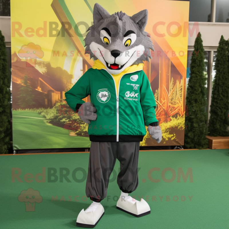 Forest Green Wolf mascot costume character dressed with a Windbreaker and Shoe clips Forest Green Wolf mascot costume character dressed with a Windbreaker and Shoe clips