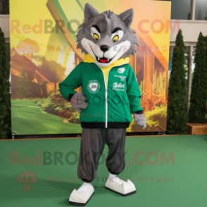 Forest Green Wolf mascot costume character dressed with a Windbreaker and Shoe clips