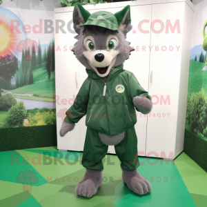 Forest Green Wolf mascot costume character dressed with a Windbreaker and Shoe clips