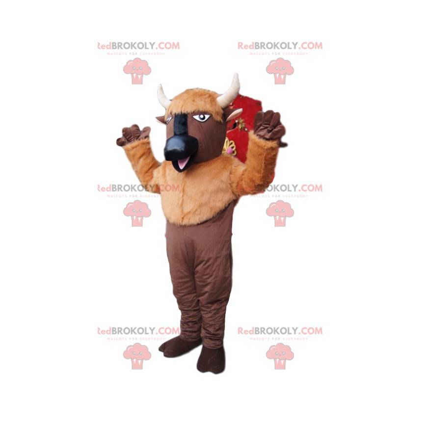 Braunes Büffelmaskottchen mit weißen Hörnern - Redbrokoly.com