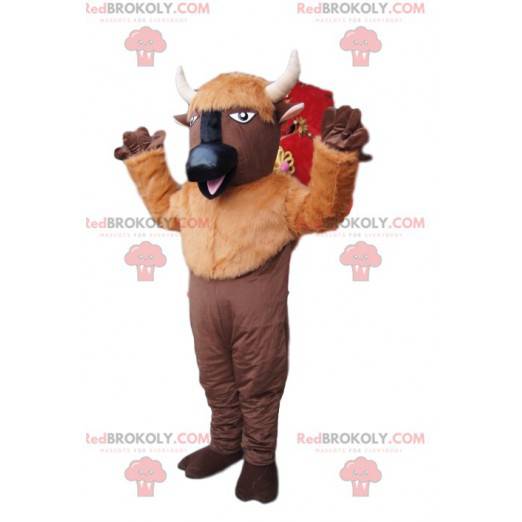 Braunes Büffelmaskottchen mit weißen Hörnern - Redbrokoly.com