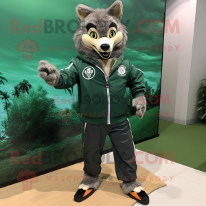 Forest Green Wolf mascot costume character dressed with a Windbreaker and Shoe clips