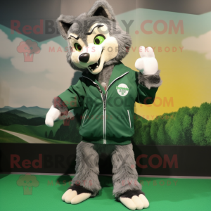 Forest Green Wolf mascot costume character dressed with a Windbreaker and Shoe clips