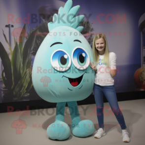 Cyan Onion mascot costume character dressed with a Mom Jeans and Shoe clips