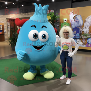 Cyan Onion mascot costume character dressed with a Mom Jeans and Shoe clips