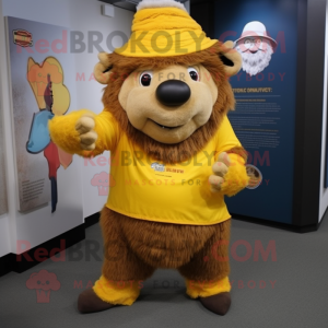 Yellow Buffalo mascot costume character dressed with a Henley Tee and Beanies