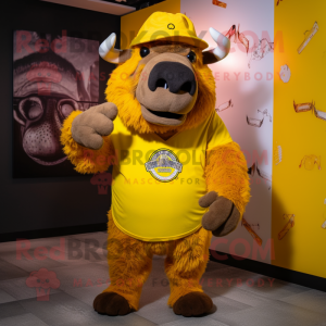 Yellow Buffalo mascot costume character dressed with a Henley Tee and Beanies