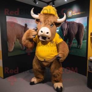 Yellow Buffalo mascot costume character dressed with a Henley Tee and Beanies