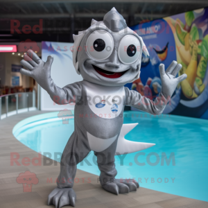 Silver Ceviche mascot costume character dressed with a One-Piece Swimsuit and Gloves