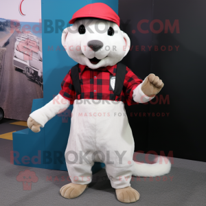 White Weasel mascot costume character dressed with a Flannel Shirt and Berets