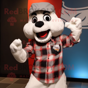 White Weasel mascot costume character dressed with a Flannel Shirt and Berets