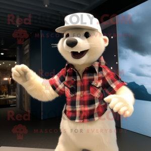 White Weasel mascot costume character dressed with a Flannel Shirt and Berets