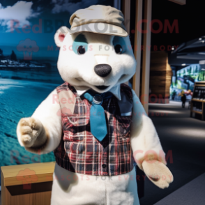 White Weasel mascot costume character dressed with a Flannel Shirt and Berets