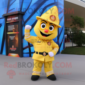 Yellow Fire Fighter mascot costume character dressed with a Vest and Bow ties