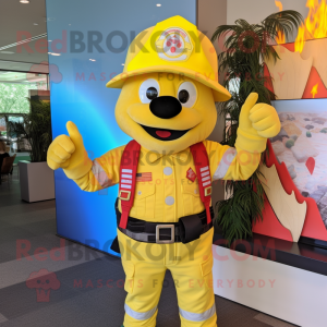 Yellow Fire Fighter mascot costume character dressed with a Vest and Bow ties