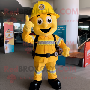 Yellow Fire Fighter mascot costume character dressed with a Vest and Bow ties