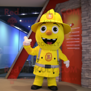 Yellow Fire Fighter mascot costume character dressed with a Vest and Bow ties