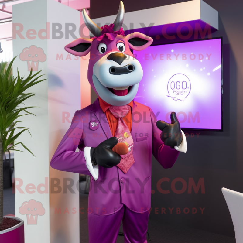 Magenta Jersey Cow mascot costume character dressed with a Suit Jacket and Suspenders