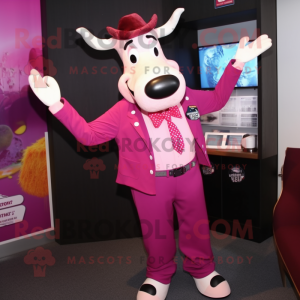 Magenta Jersey Cow mascot costume character dressed with a Suit Jacket and Suspenders