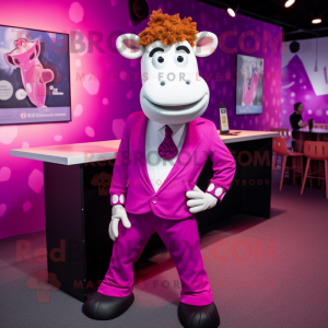 Magenta Jersey Cow mascot costume character dressed with a Suit Jacket and Suspenders