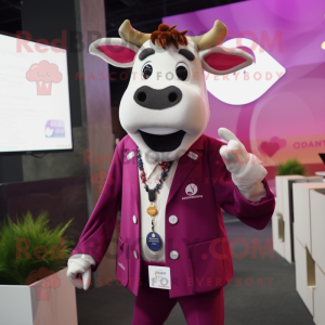 Magenta Jersey Cow mascot costume character dressed with a Suit Jacket and Suspenders
