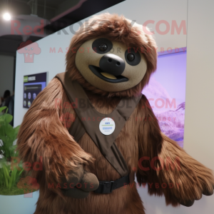 Brown Giant Sloth mascot costume character dressed with a Vest and Hair clips