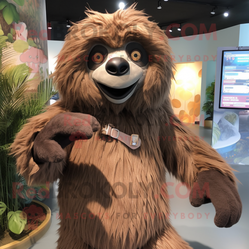 Brown Giant Sloth mascot costume character dressed with a Vest and Hair clips Brown Giant Sloth mascot costume character dressed with a Vest and Hair clips