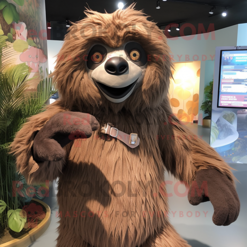 Brown Giant Sloth mascot costume character dressed with a Vest and Hair clips