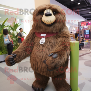 Brown Giant Sloth mascot costume character dressed with a Vest and Hair clips