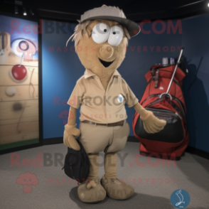 Tan Golf Bag mascot costume character dressed with a Jeans and Tie pins