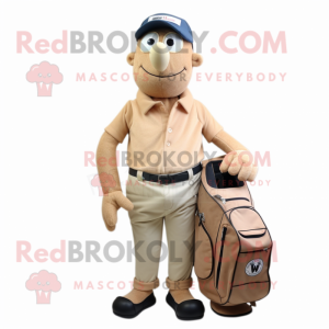 Tan Golf Bag mascot costume character dressed with a Jeans and Tie pins