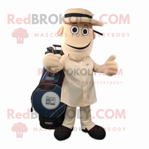 Tan Golf Bag mascot costume character dressed with a Jeans and Tie pins