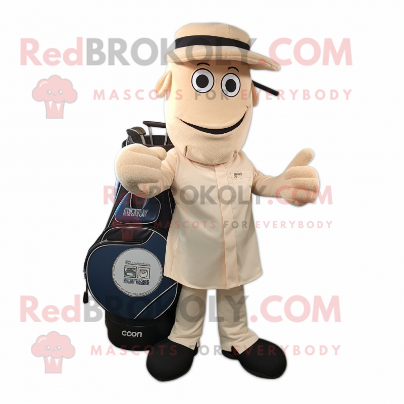 Tan Golf Bag mascot costume character dressed with a Jeans and Tie pins Tan Golf Bag mascot costume character dressed with a Jeans and Tie pins