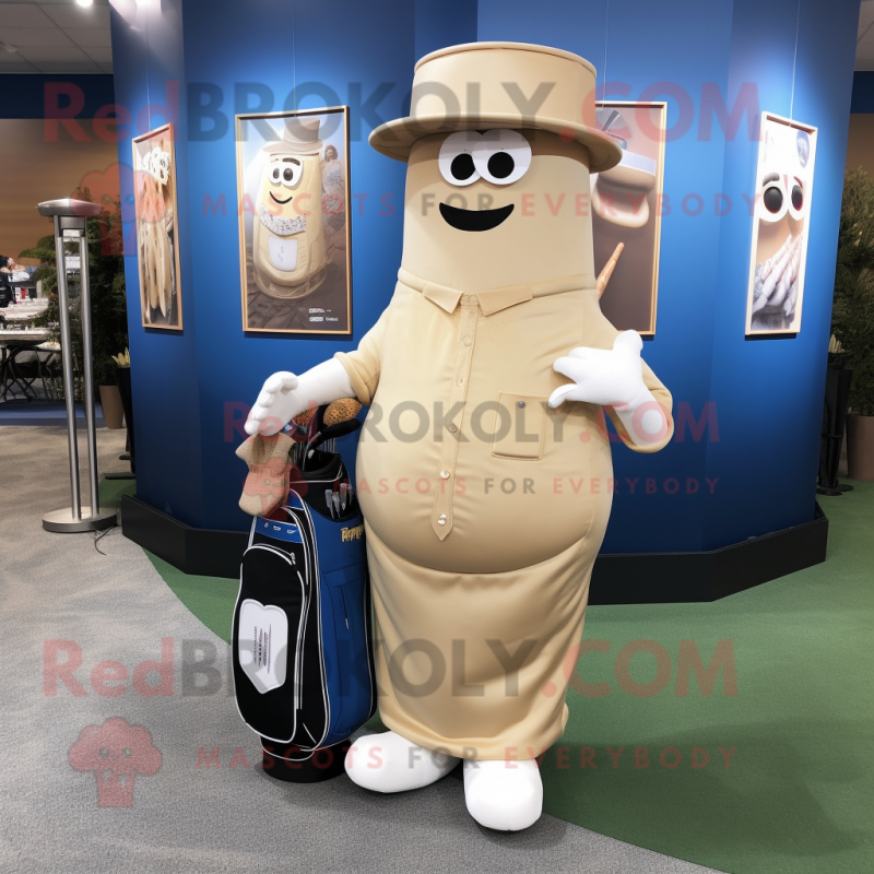 Tan Golf Bag mascot costume character dressed with a Jeans and Tie pins