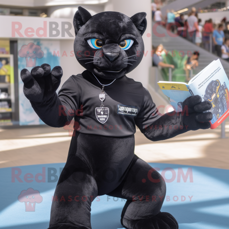 Black Panther mascot costume character dressed with a Jeans and Reading glasses