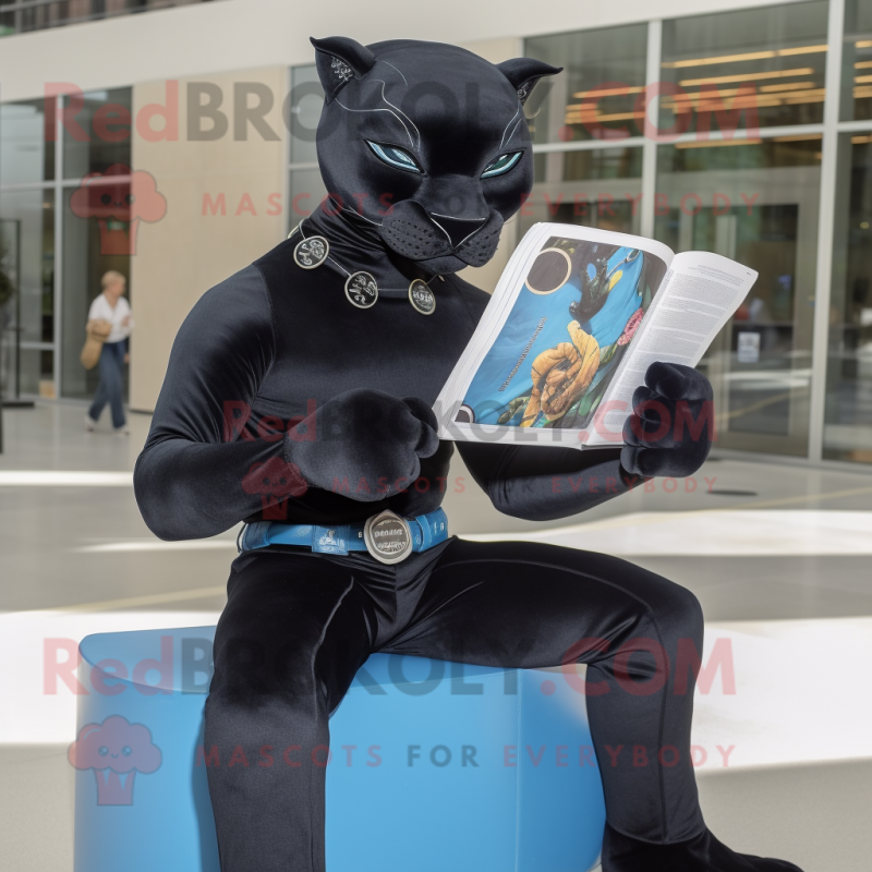 Black Panther mascot costume character dressed with a Jeans and Reading glasses