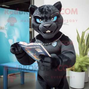 Black Panther mascot costume character dressed with a Jeans and Reading glasses