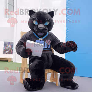 Black Panther mascot costume character dressed with a Jeans and Reading glasses