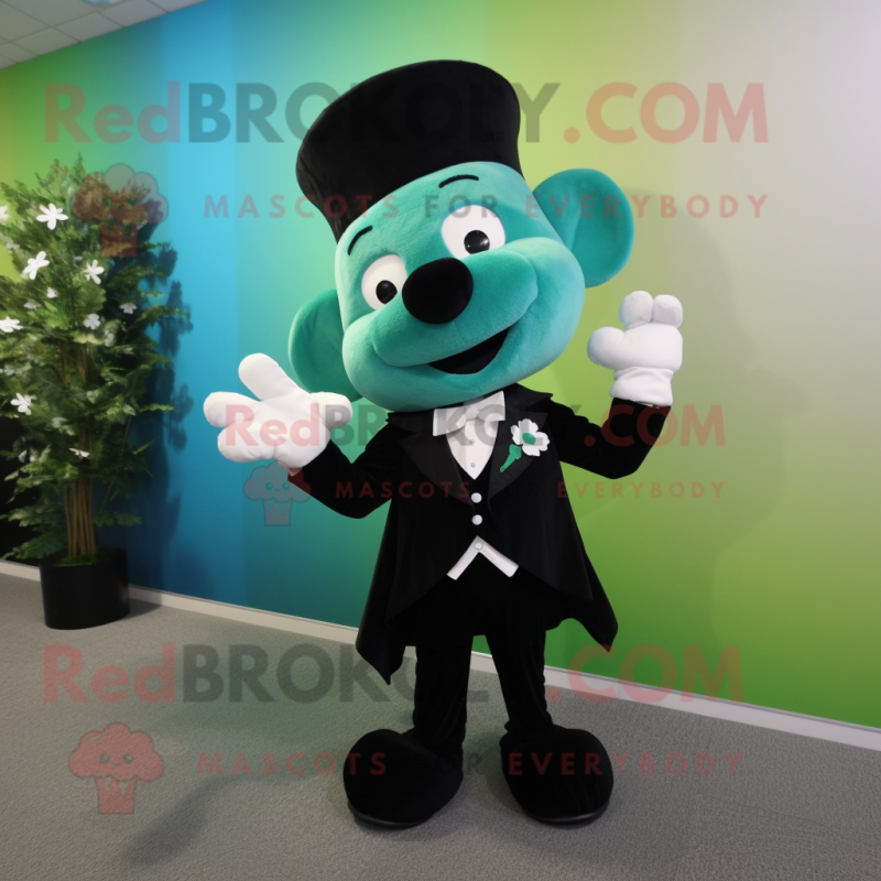 Cyan Bunch Of Shamrocks mascot costume character dressed with a Tuxedo and Lapel pins Cyan Bunch Of Shamrocks mascot costume character dressed with a Tuxedo and Lapel pins