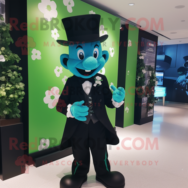 Cyan Bunch Of Shamrocks mascot costume character dressed with a Tuxedo and Lapel pins Cyan Bunch Of Shamrocks mascot costume character dressed with a Tuxedo and Lapel pins