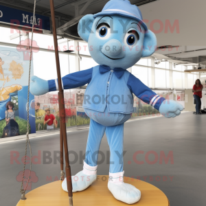 Sky Blue Tightrope Walker mascot costume character dressed with a Mom Jeans and Lapel pins