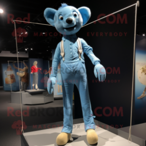 Sky Blue Tightrope Walker mascot costume character dressed with a Mom Jeans and Lapel pins