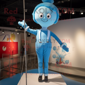 Sky Blue Tightrope Walker mascot costume character dressed with a Mom Jeans and Lapel pins