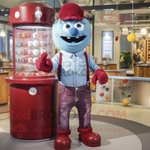 Maroon Gumball Machine mascot costume character dressed with a Chambray Shirt and Earrings